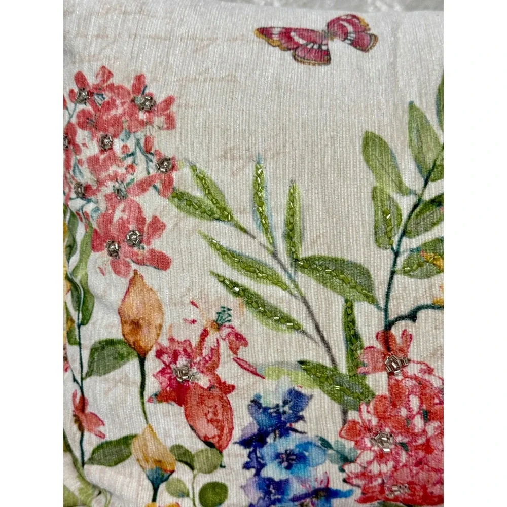 Primrose Vintage Floral Butterfly Beaded Fringed Throw Pillow Yellow Multicolor